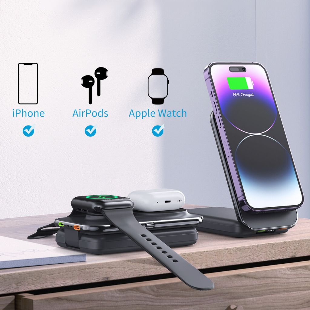 3-in-1 Magnetic Wireless Charger Qi2 MagSafe Power Bank for iPhone 16 Pro Max, Apple Watch Ultra, and AirPods Pro. Fast Charging 8000mAh Portable Charger for Multiple Devices.