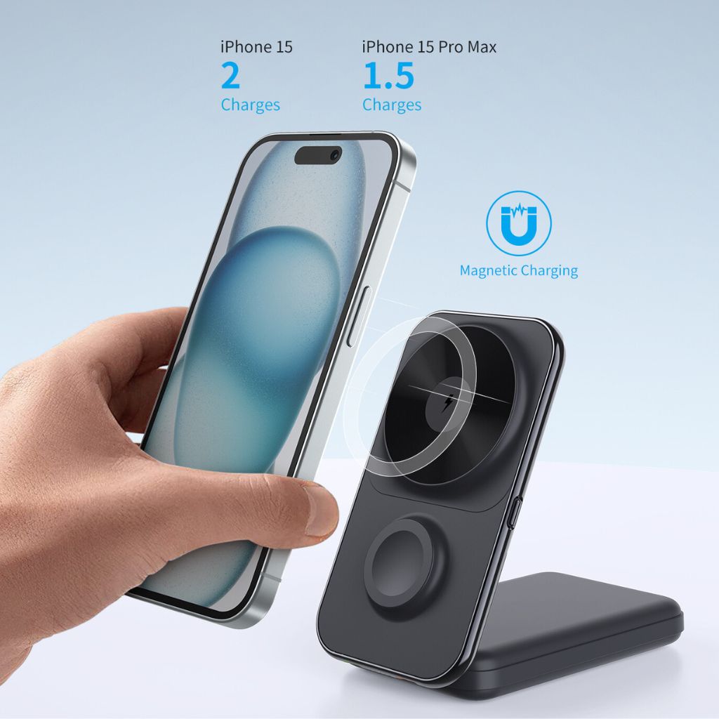 3-in-1 Magnetic Wireless Charger Qi2 MagSafe Power Bank for iPhone 16 Pro Max, Apple Watch Ultra, and AirPods Pro. Fast Charging 8000mAh Portable Charger for Multiple Devices.