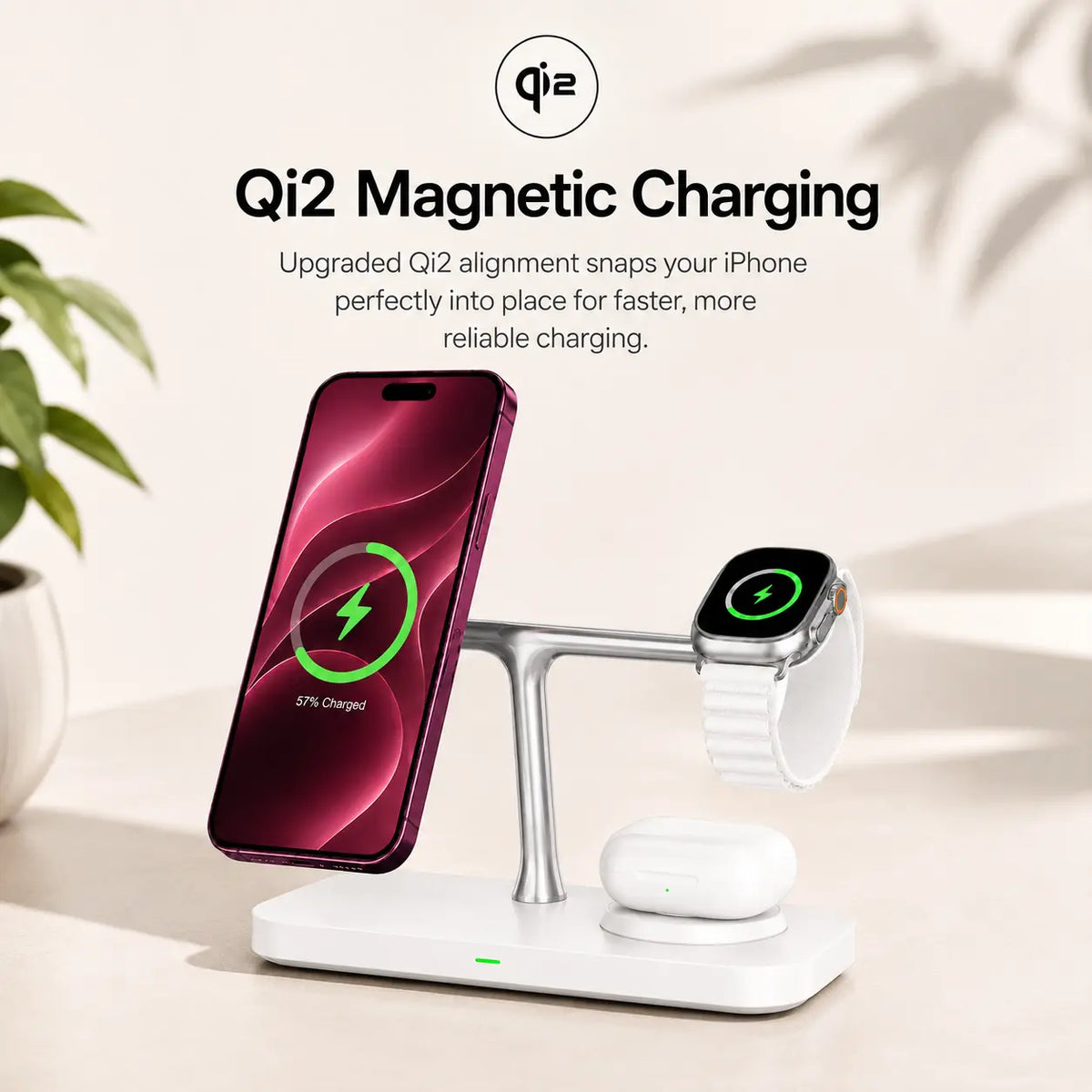 Arctic White three device wireless charging station holding a Burgundy phone magnetically. #color_Arctic White