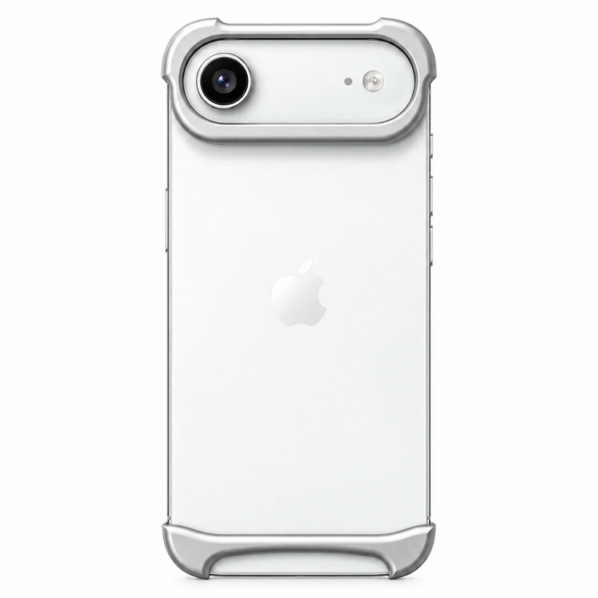 Silver two-piece metal phone bumper with exposed phone back on a white background #color_Titanium Silver