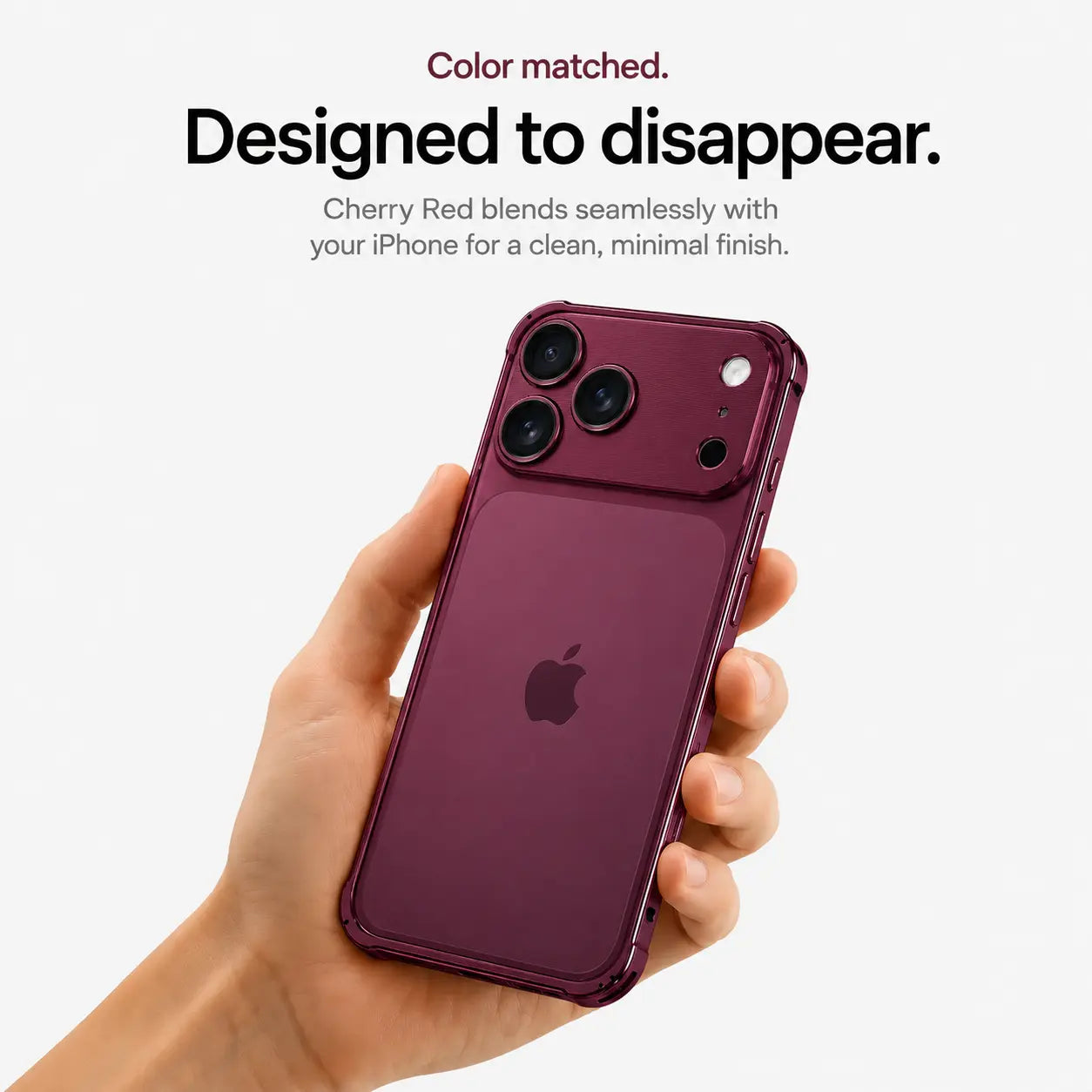 Burgundy aluminum bumper phone case held in one hand #color_Cherry Red