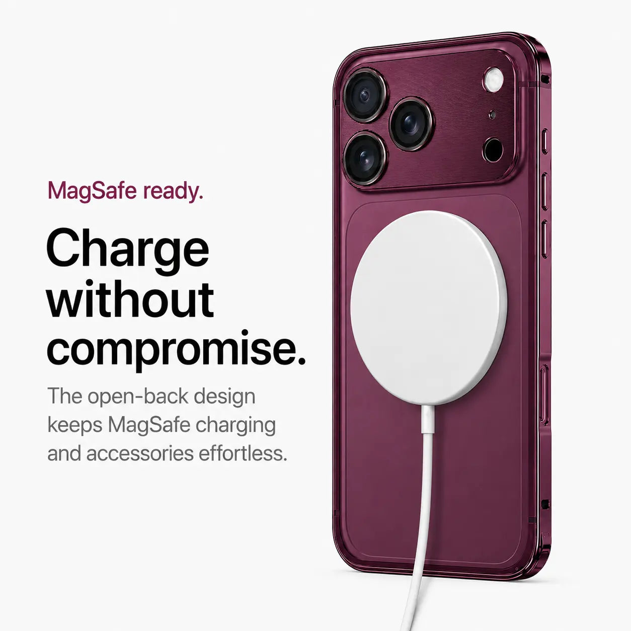 Burgundy aluminum bumper phone case attached to a white wireless charging puck #color_Cherry Red