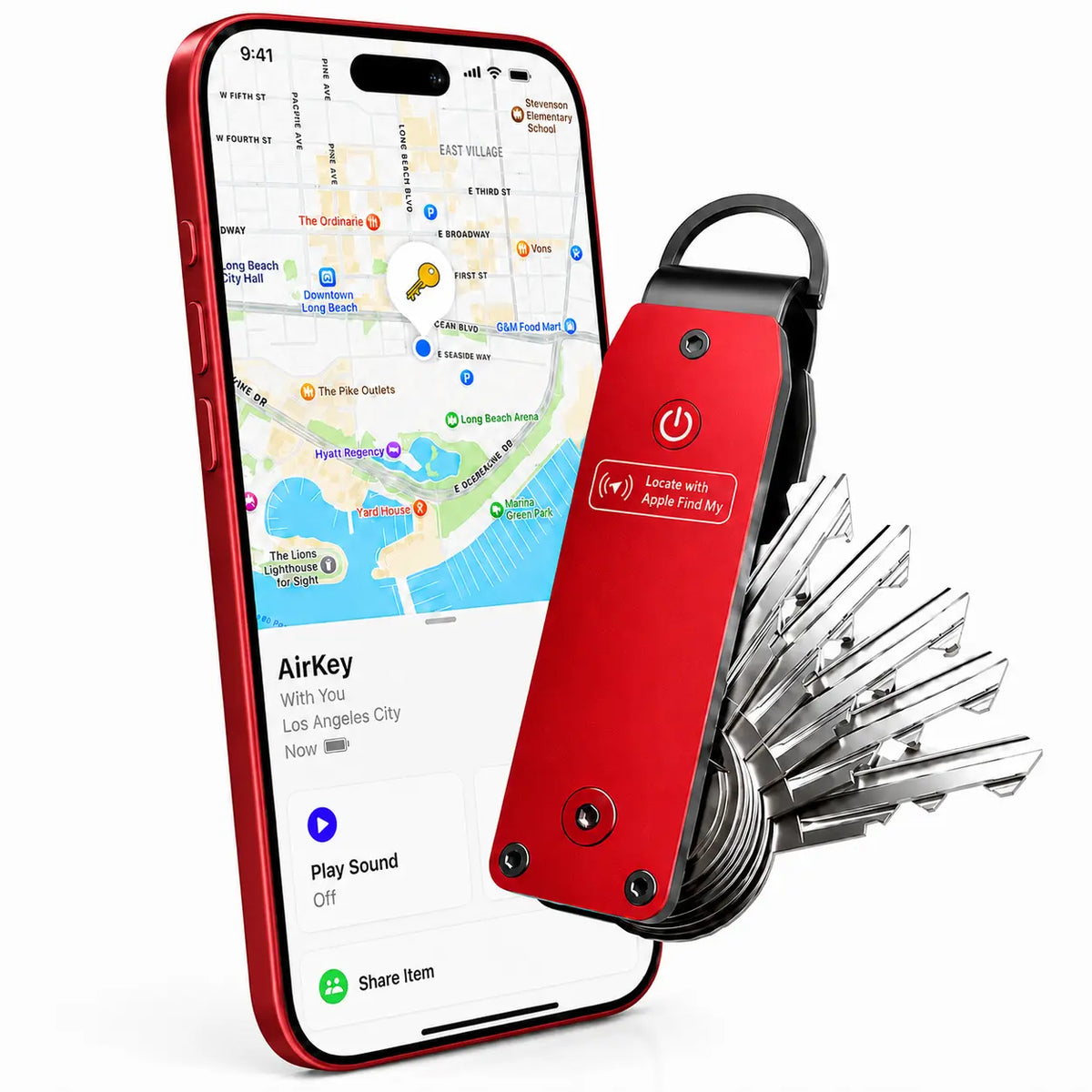 Crimson Red compact tracking key organizer beside a tracking phone display #color_Crimson Red