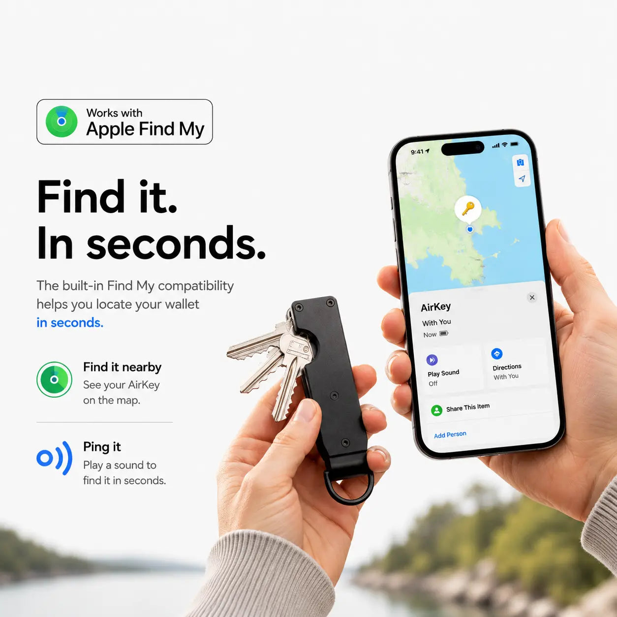 Stealth Black compact tracking key organizer being located with a phone #color_Stealth Black