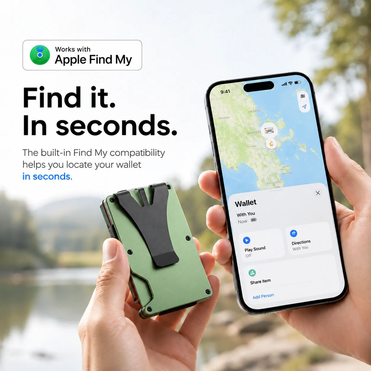 Arctic Green slim tracking card wallet being located with a phone #color_Arctic Green