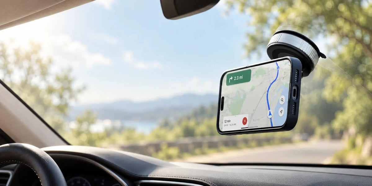 Black magnetic suction phone holder on a car windshield with a phone displaying navigation.