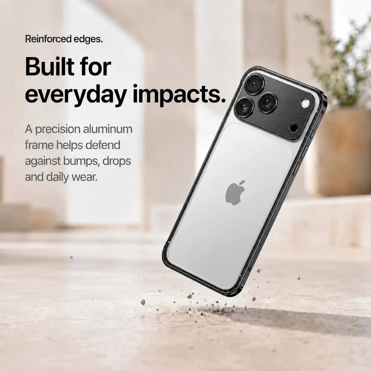 Black aluminum frame phone case demonstrating its reinforced frame during a drop #color_Midnight Black