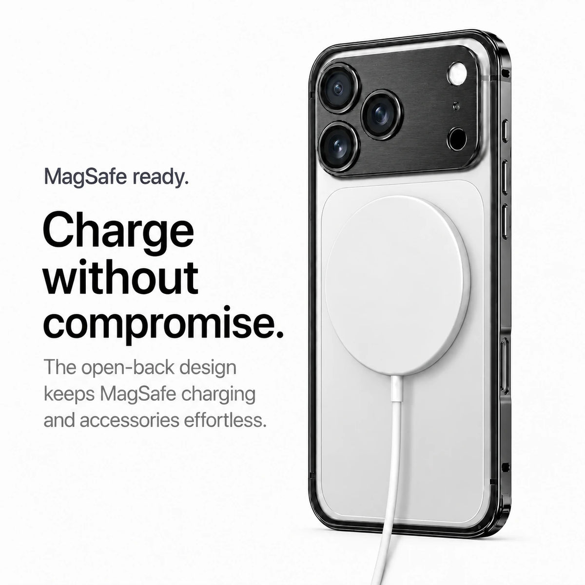 Black aluminum frame phone case with a white wireless charging puck #color_Midnight Black