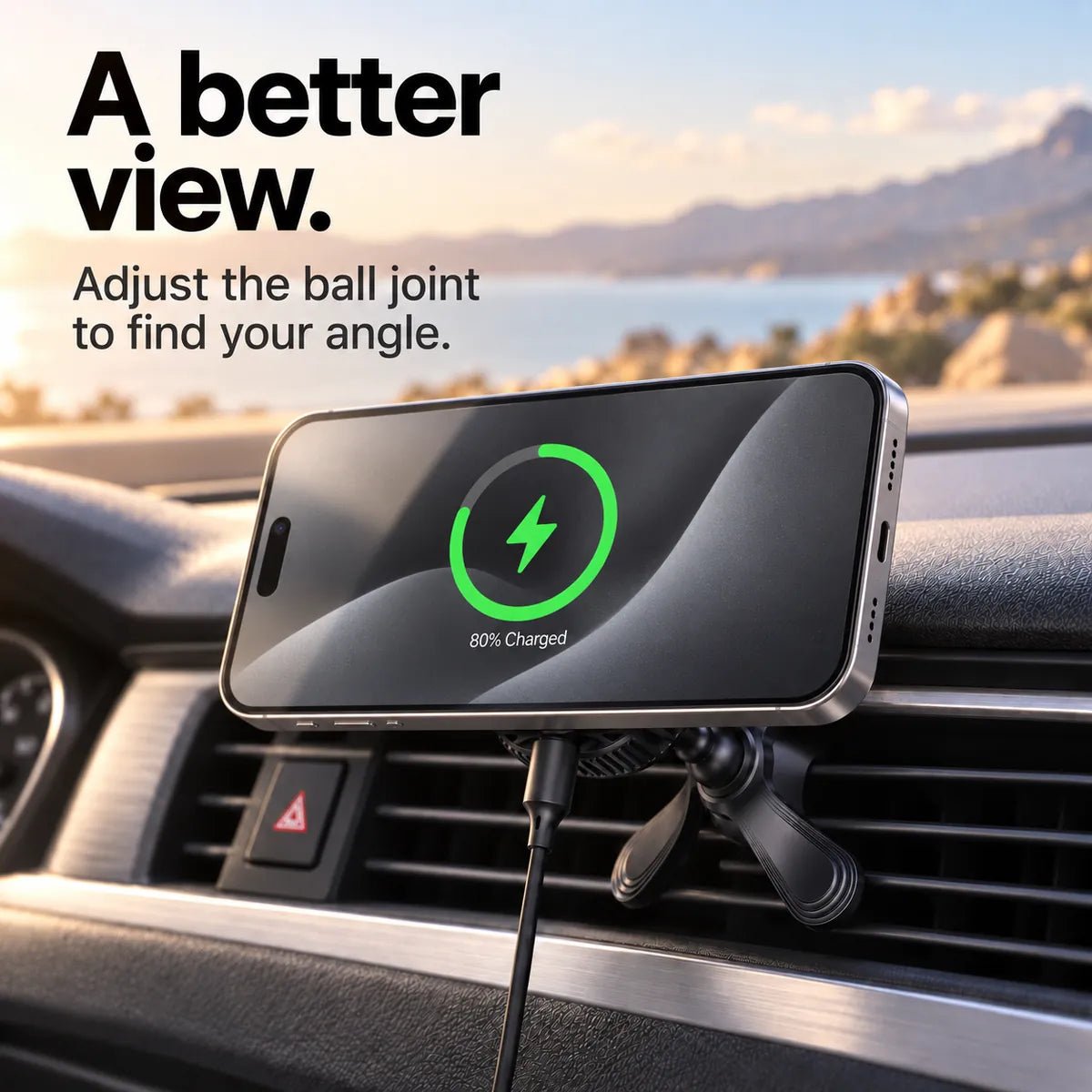 Silver iPhone in landscape with gray wallpaper and a green charging indicator on an adjustable black car charger; text describes viewing angles. #color_Midnight Black