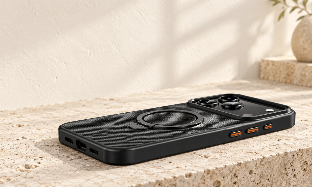 Black carbon-pattern phone case showing orange button accents along its side.