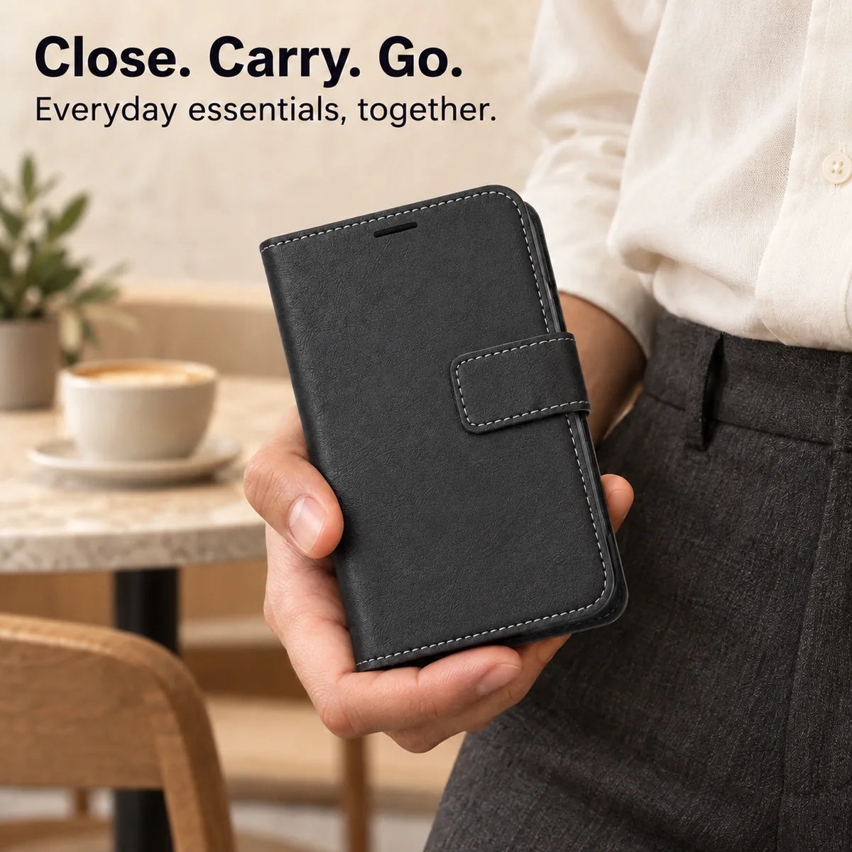 Closed Midnight Black wallet case with magnetic tab closure, held in one hand. #color_Midnight Black