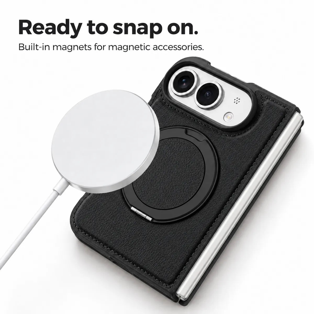 Textured synthetic leather phone case with a magnetic accessory beside the built-in ring. #color_Midnight Black
