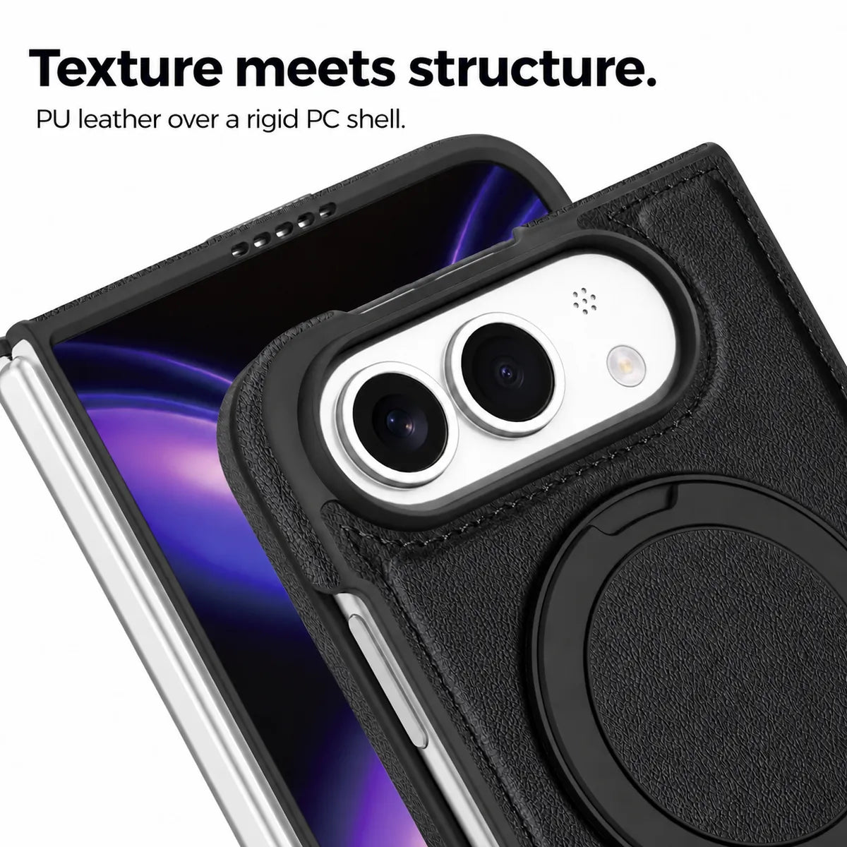 Close-up of the synthetic leather texture, stitching and raised camera surround. #color_Midnight Black