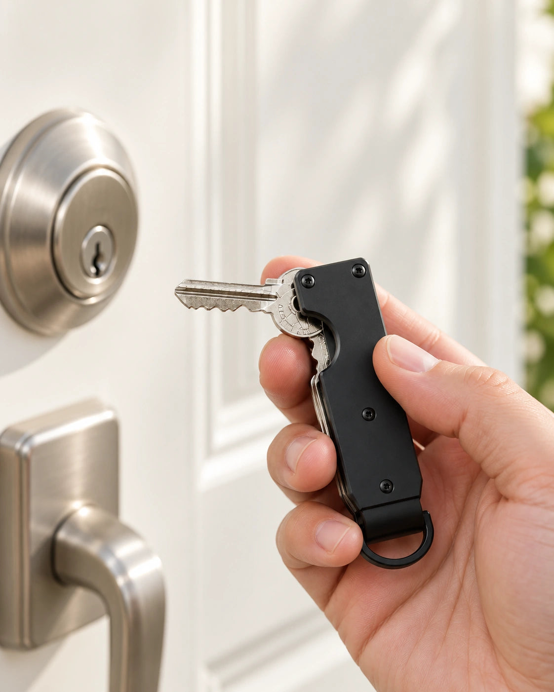 Hand holding a black key organizer with one real metal key rotated out from its upper pivot.