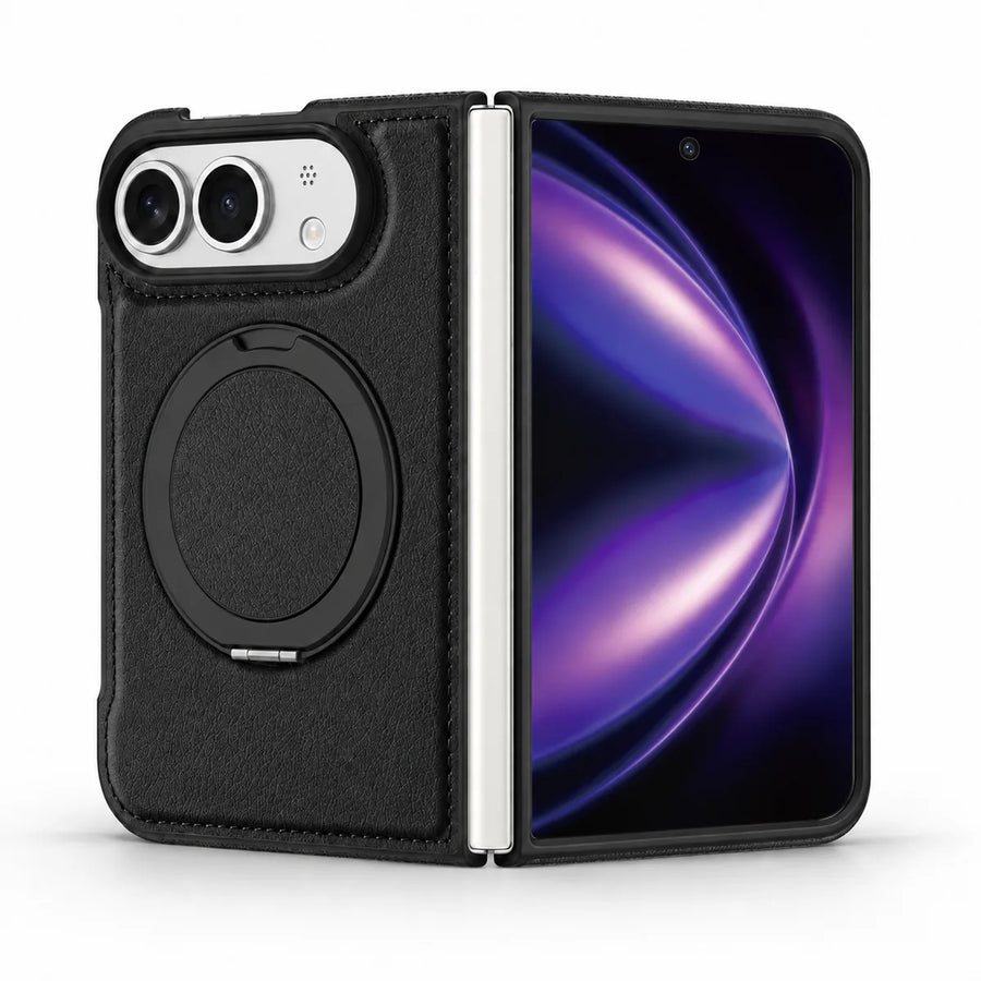 Midnight Black PU leather folding phone case shown open, with the camera back and folded ring stand on the left and the screen on the right.