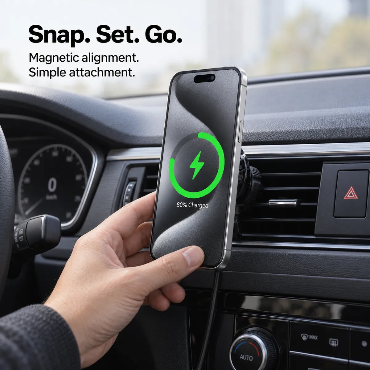 A hand placing a silver phone on a black magnetic vent charger, with gray wallpaper, a green charging indicator and snap-on attachment text. #color_Midnight Black