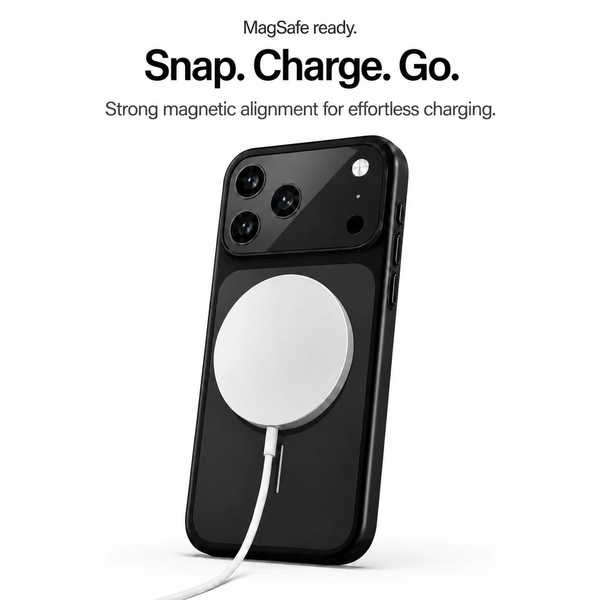 Black magnetic phone case with an attached round wireless charger and white cable #color_Midnight Black