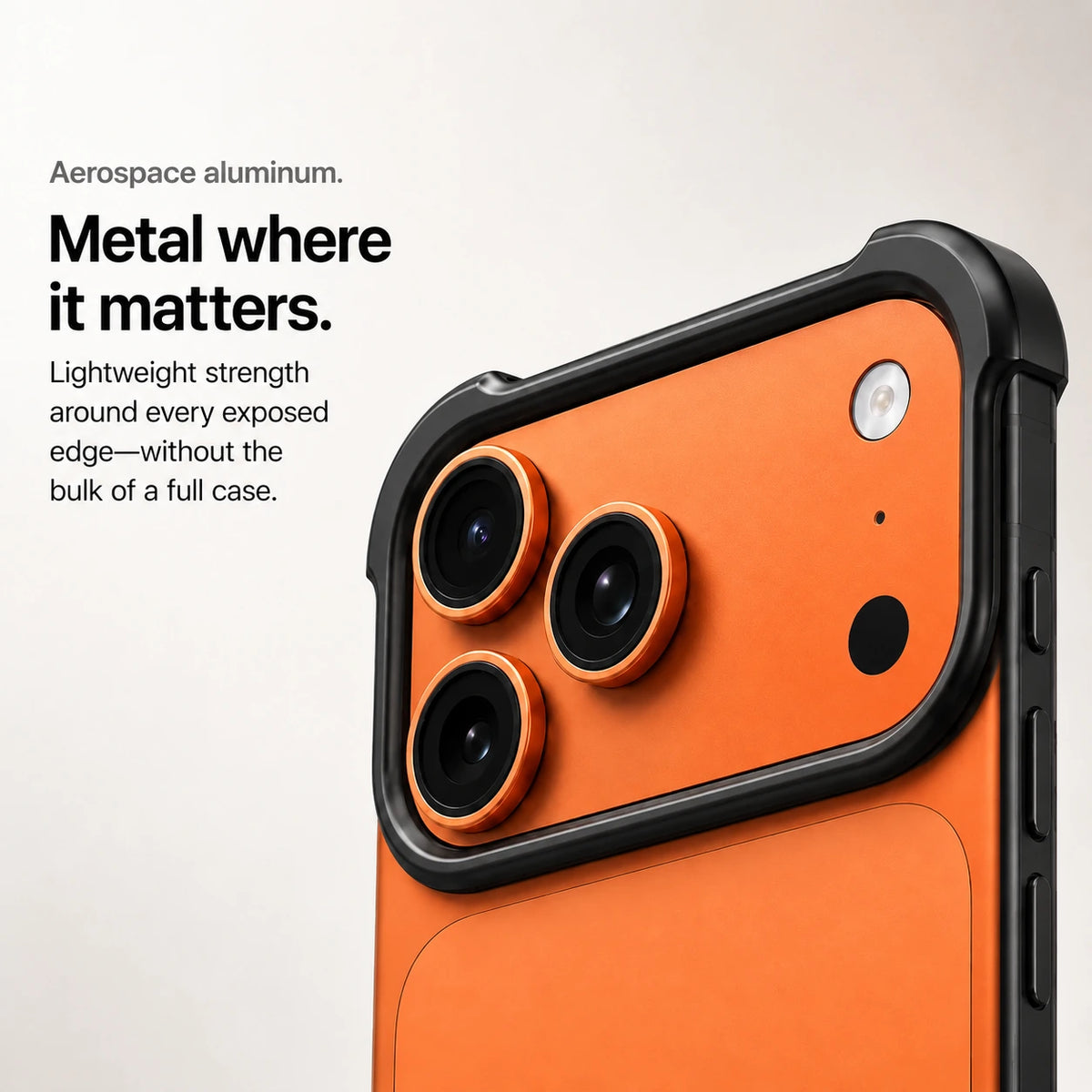 Black metal phone bumper held in hand showing access to the side buttons #color_Midnight Black