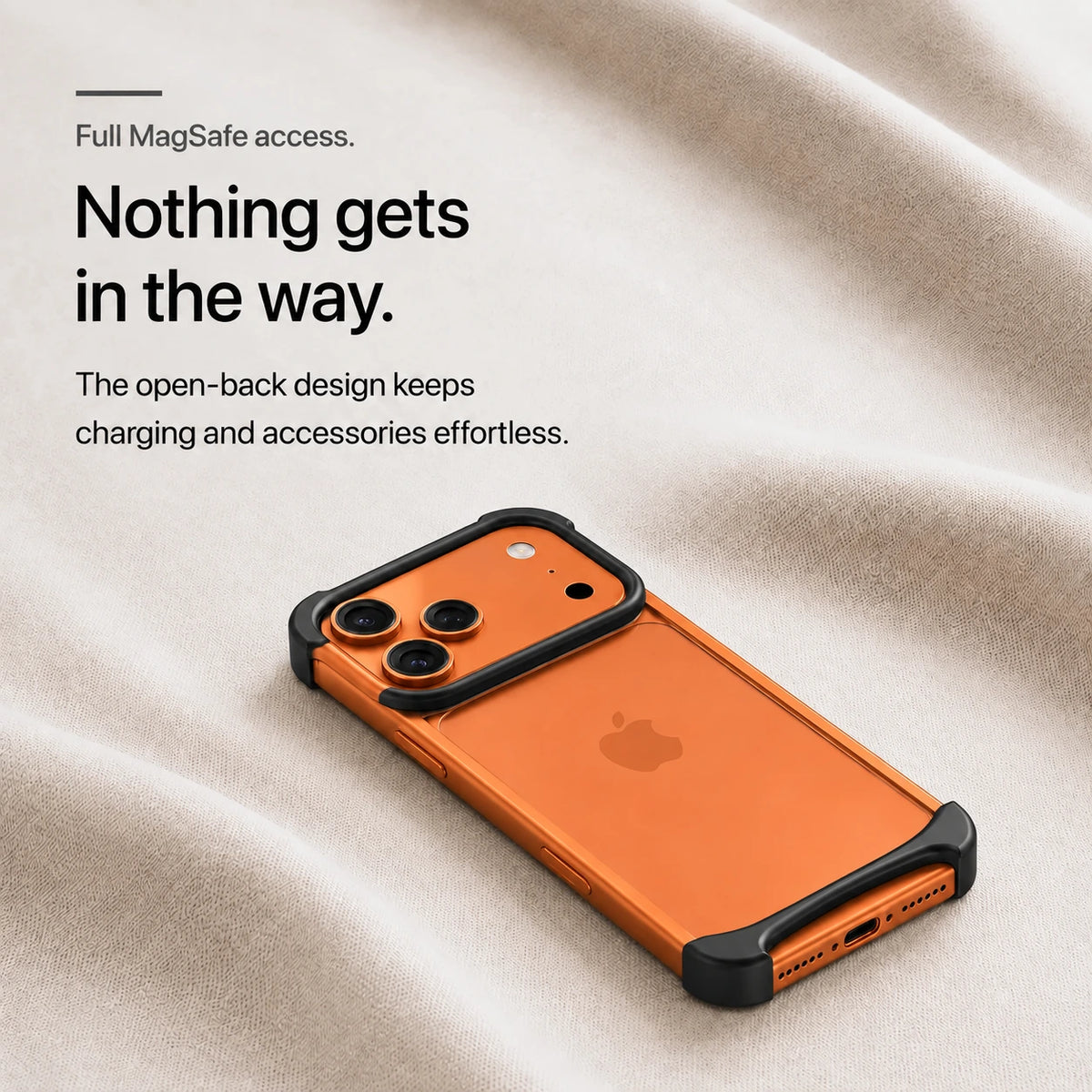 Black metal phone bumper held above a pale stone desk, showing the exposed phone back #color_Midnight Black