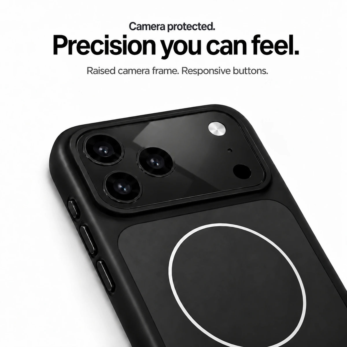 Black protective phone case close-up showing the raised camera frame and side buttons #color_Midnight Black