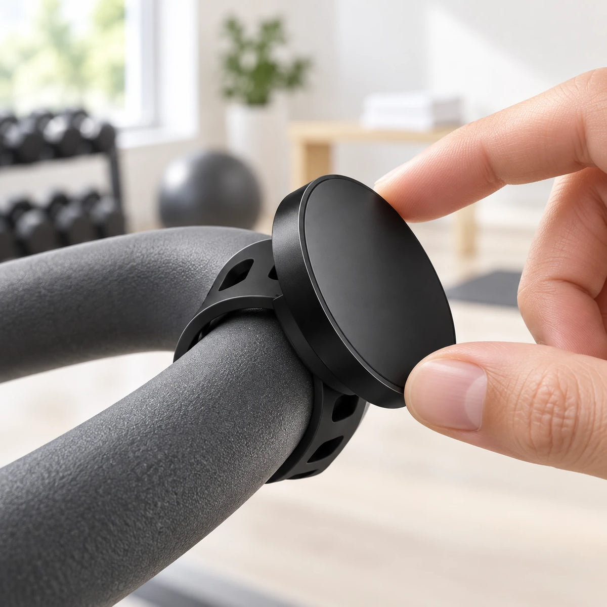 A hand tilting the circular pad of a strapped black phone holder.