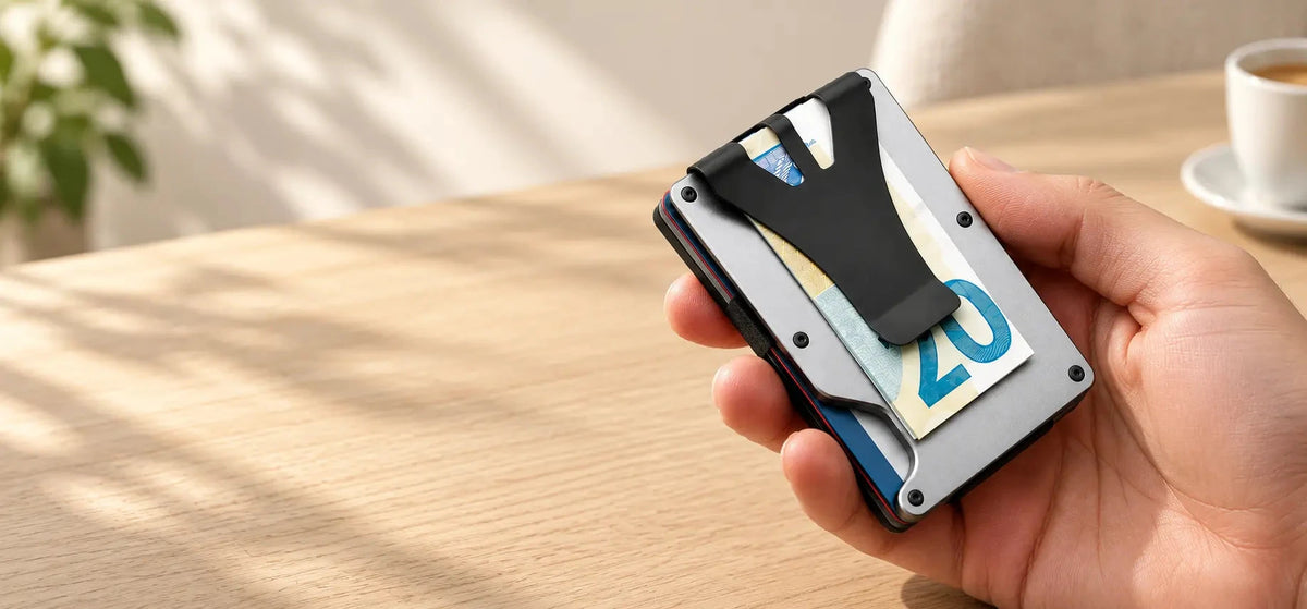 Hand holding a black metal wallet with cards and folded cash under its rear clip.