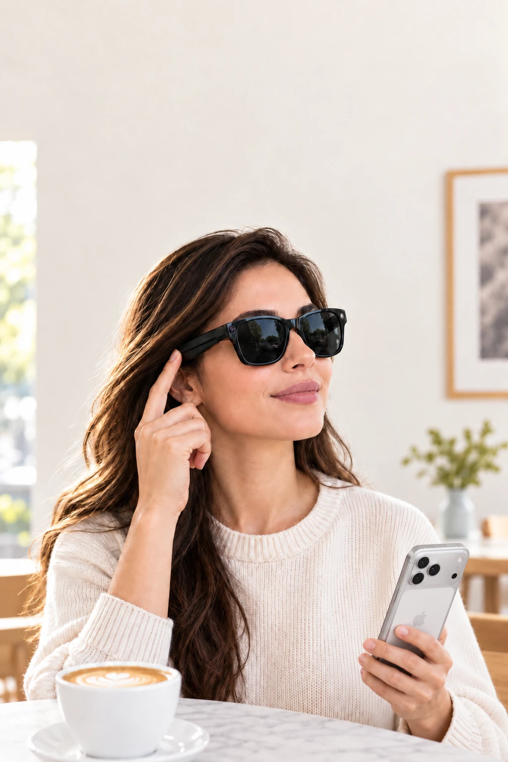 Person wearing the original black smart glasses and touching the temple control while listening.