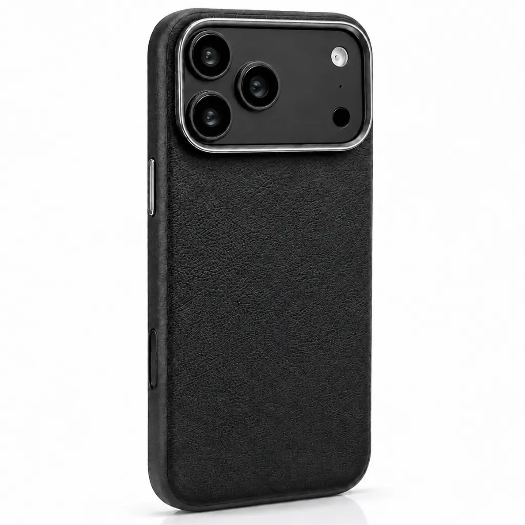 Black textured leather magnetic phone case with a raised metallic camera surround, shown from the rear #color_Stealth Black