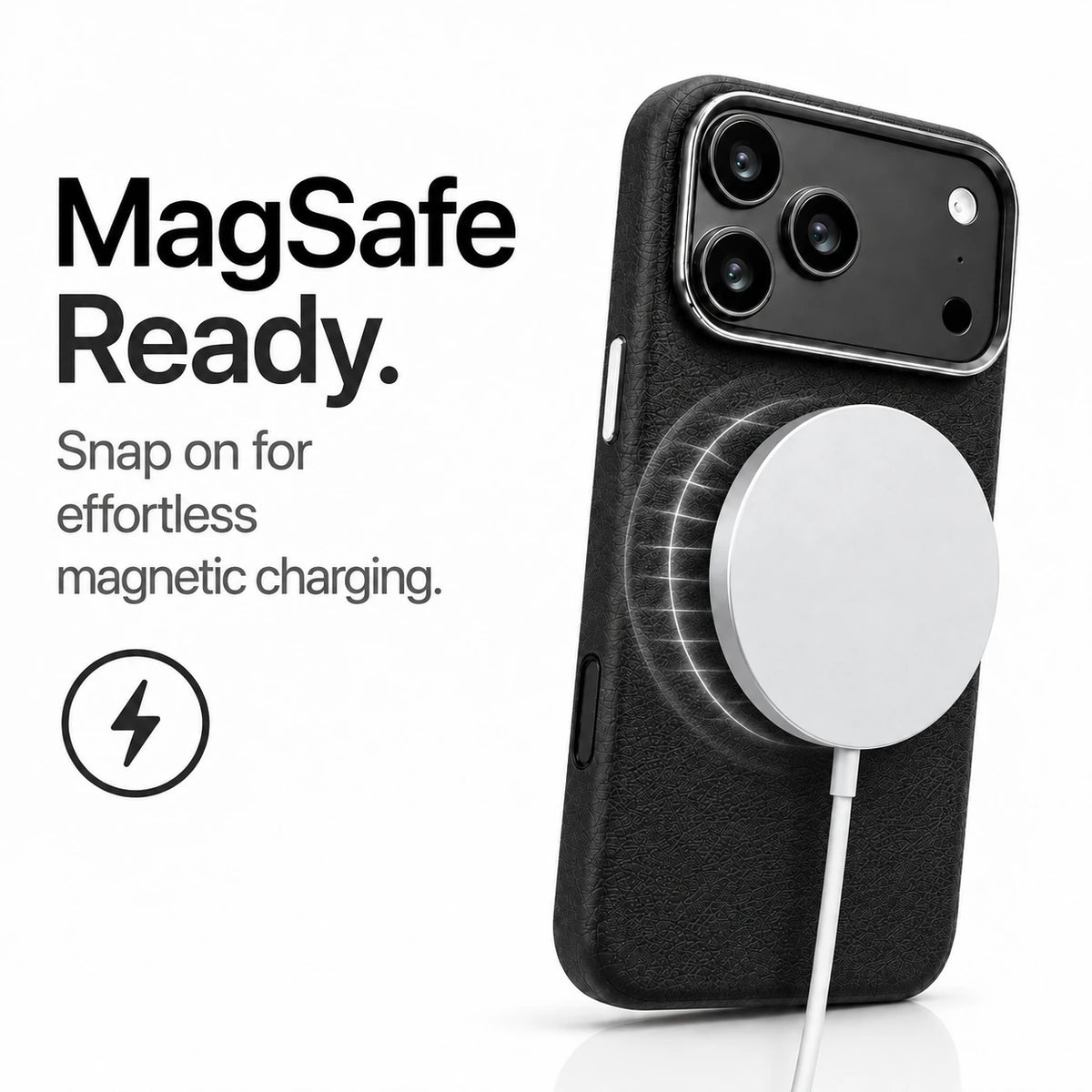 Black textured leather phone case attached to a white magnetic wireless charging puck #color_Stealth Black