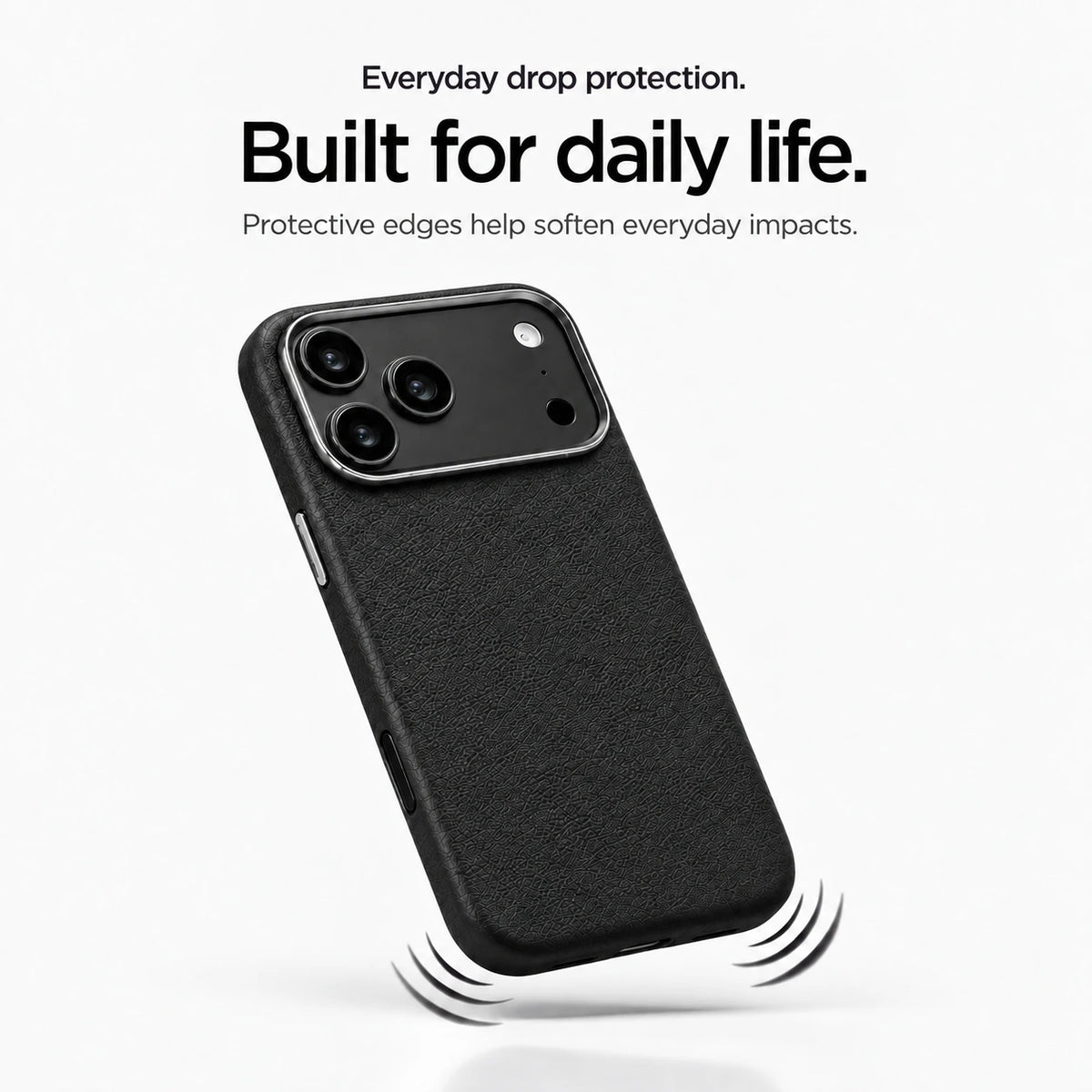 Black textured leather phone case with protective edges illustrated by curved impact lines #color_Stealth Black
