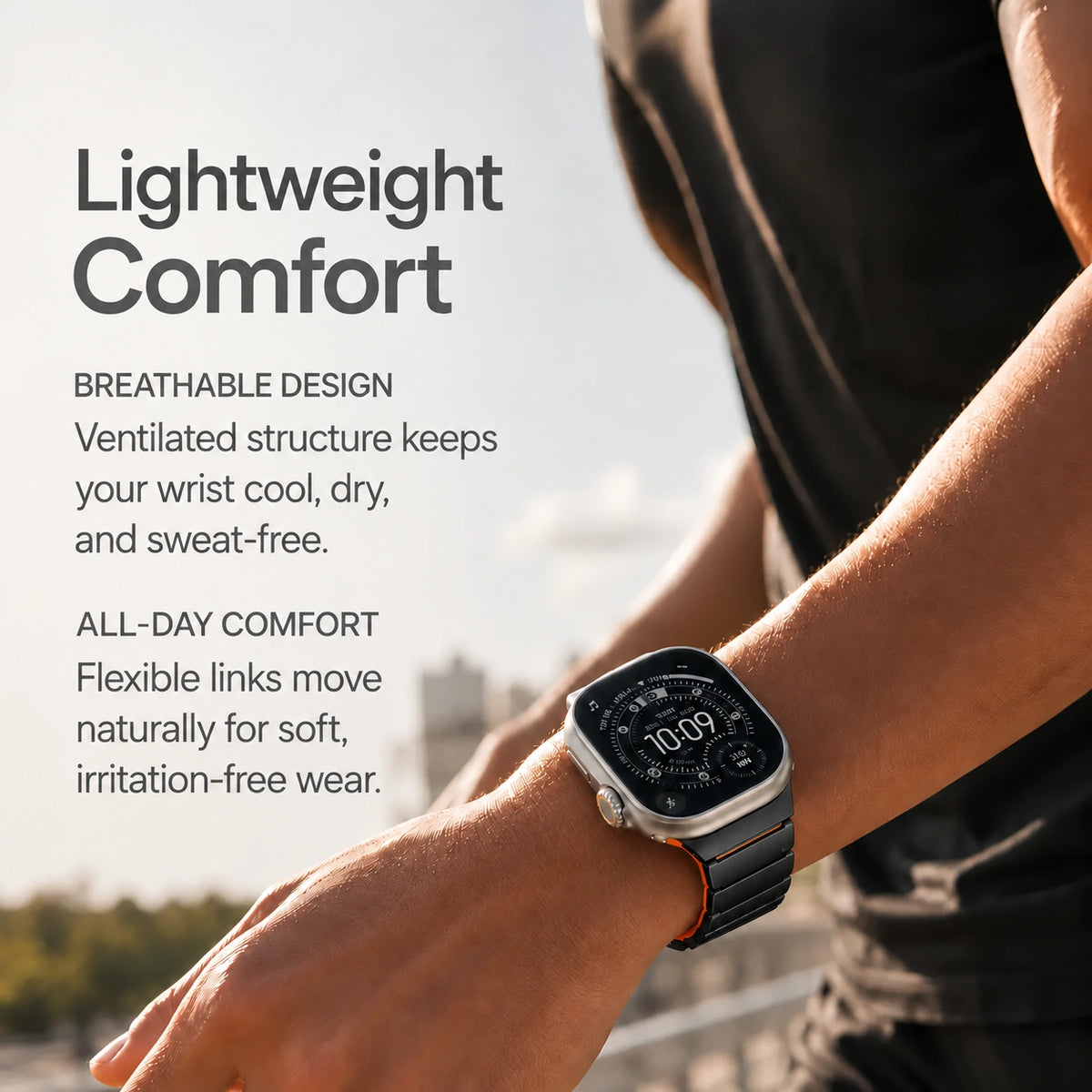 Black Titanium Cosmic Orange hybrid watch band worn during everyday activity #color_Black Titanium Cosmic Orange