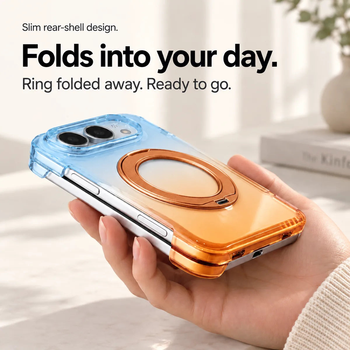 Blue and orange gradient rear case shown from the side on a folded silver phone with the ring stored flat. #color_Solar Haze