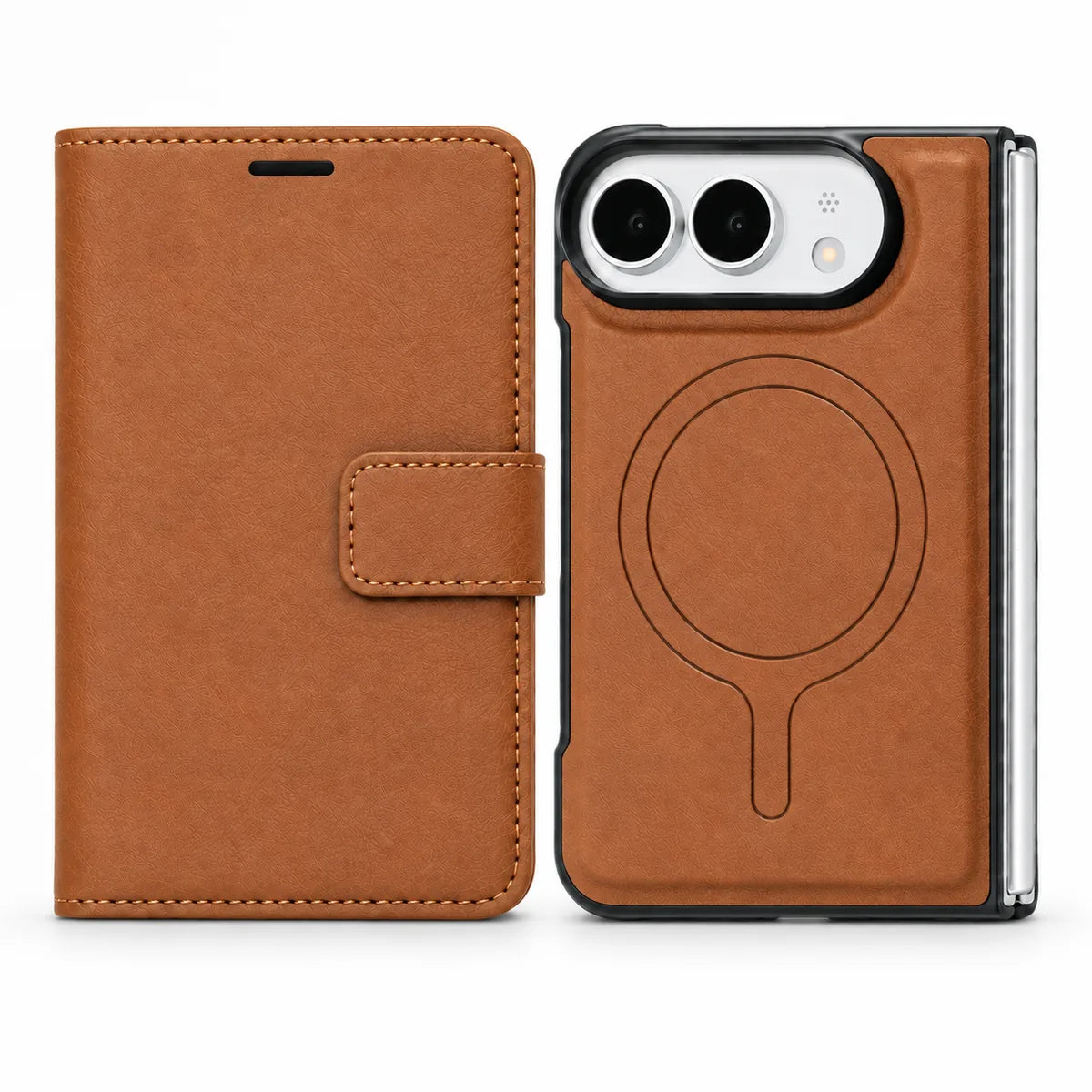 Closed Saddle Brown wallet folio beside the detachable magnetic phone case, shown from the rear. #color_Saddle Brown