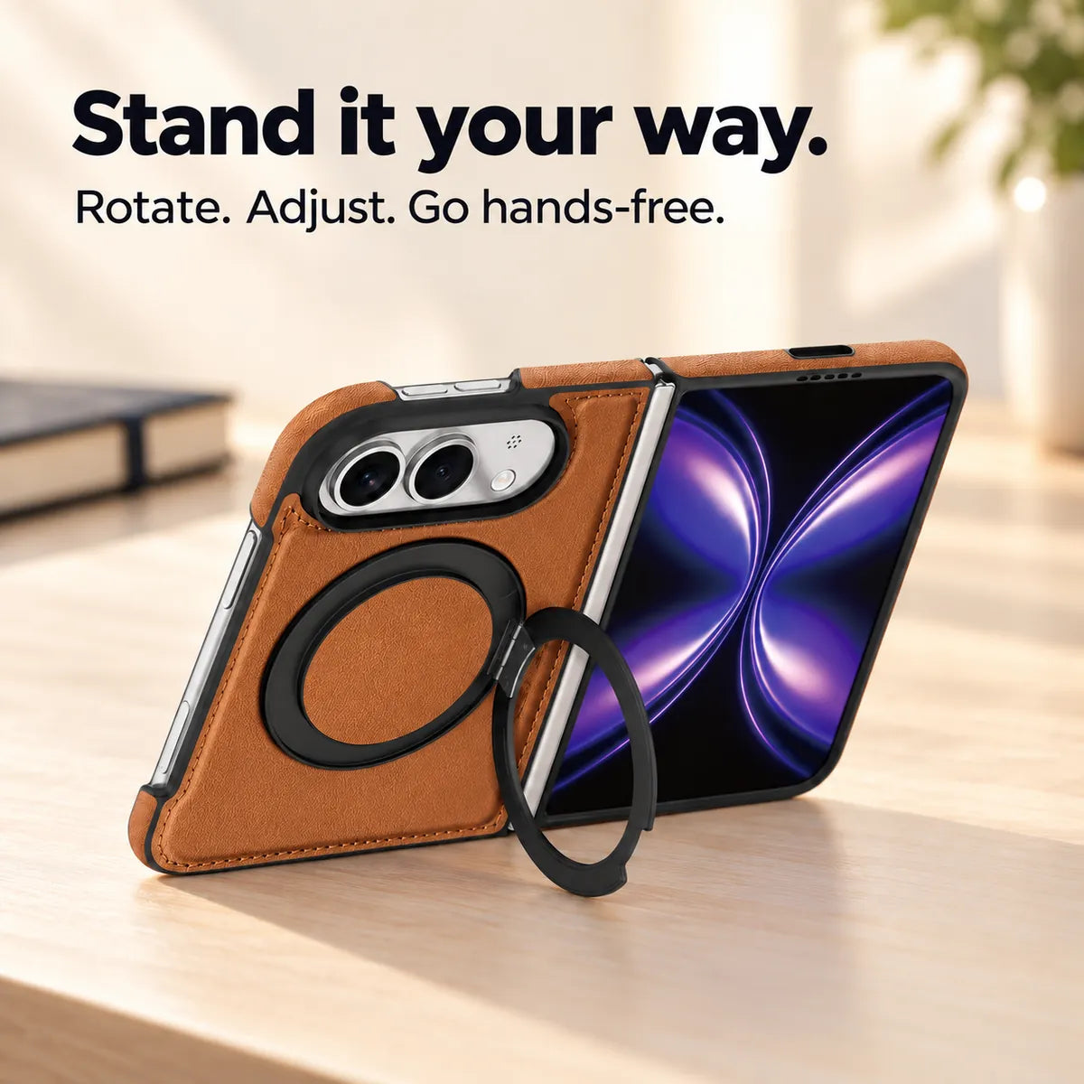Textured synthetic leather folding phone case with its ring stand deployed on a desk. #color_Saddle Brown