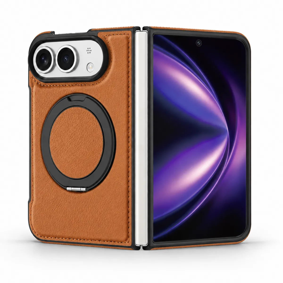 Saddle Brown PU leather folding phone case shown open, with the camera back and folded ring stand on the left and the screen on the right. #color_Saddle Brown