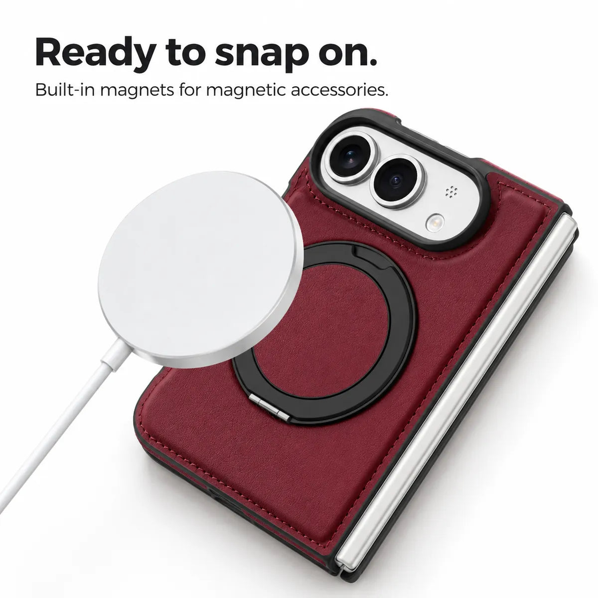 Burgundy magnetic folding phone case with a white charging puck aligned above the closed black ring. #color_Burgundy