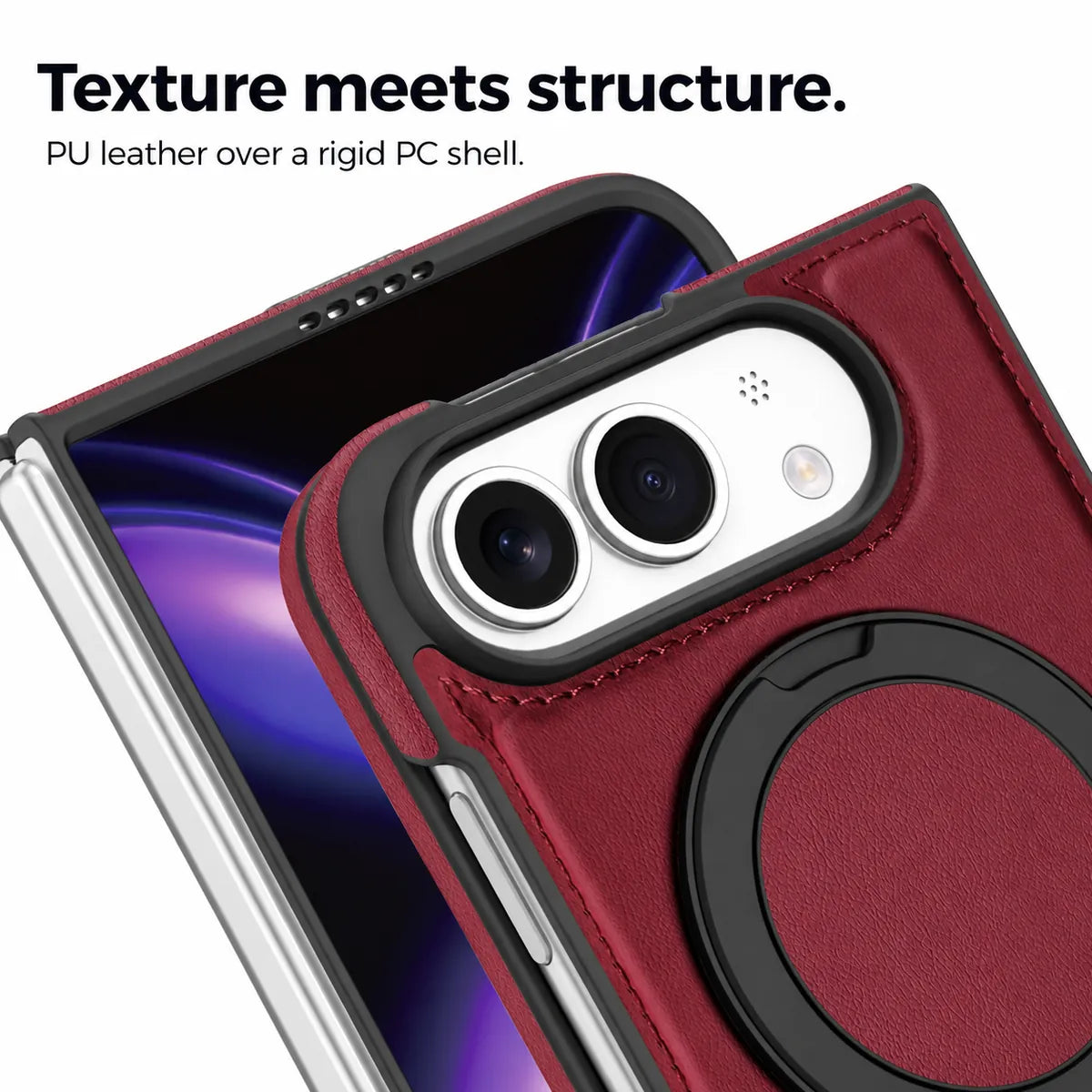 Close-up of burgundy synthetic leather, stitching and raised black camera surround. #color_Burgundy