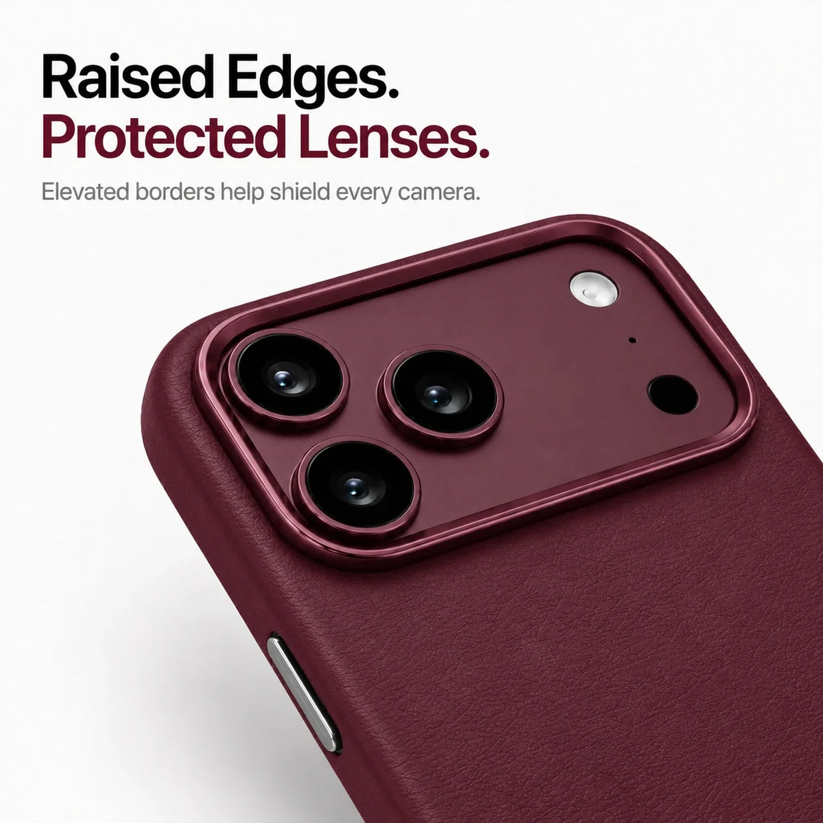 Burgundy leather-finish phone case showing the raised camera guard in close-up #color_Burgundy