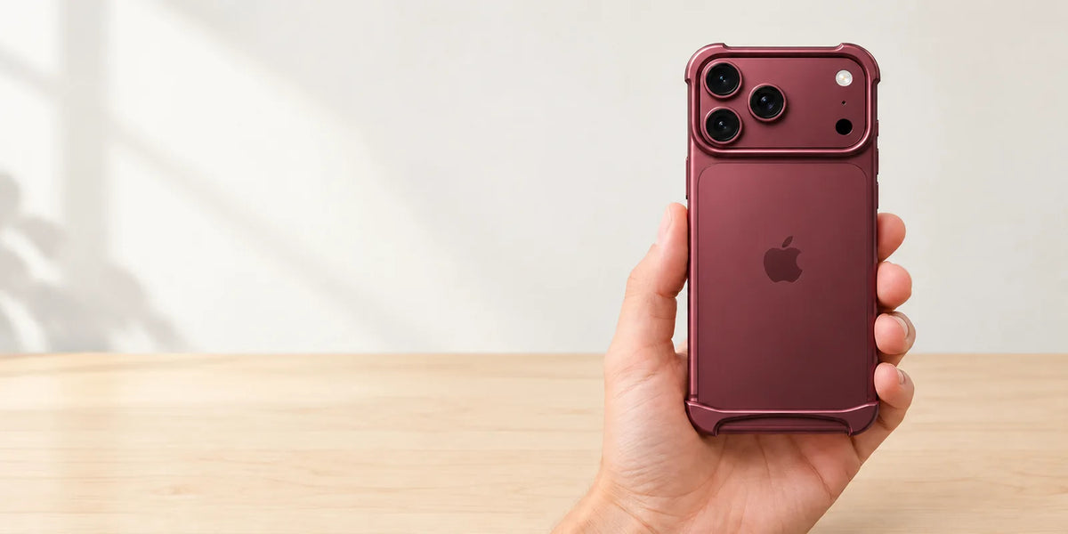 Hand holding a Burgundy phone with its original aluminum camera surround and curved lower guard.