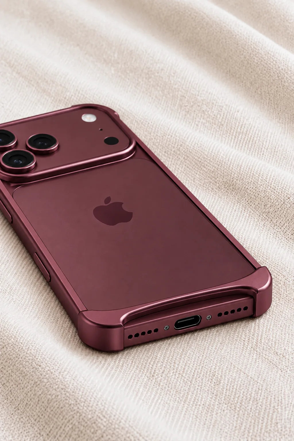 Close-up of a Burgundy open-back phone bumper with curved corner guards and an accessible charging port.