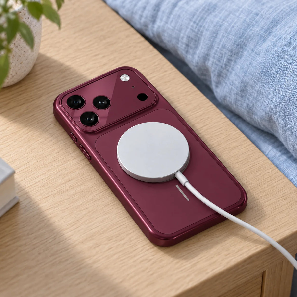White magnetic charging puck attached to a Burgundy phone case on a bedside table.