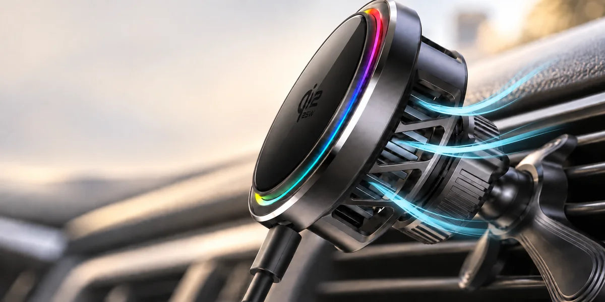 Black car charger cooling lattice, metallic edge and connected USB-C cable, with blue lines illustrating airflow.