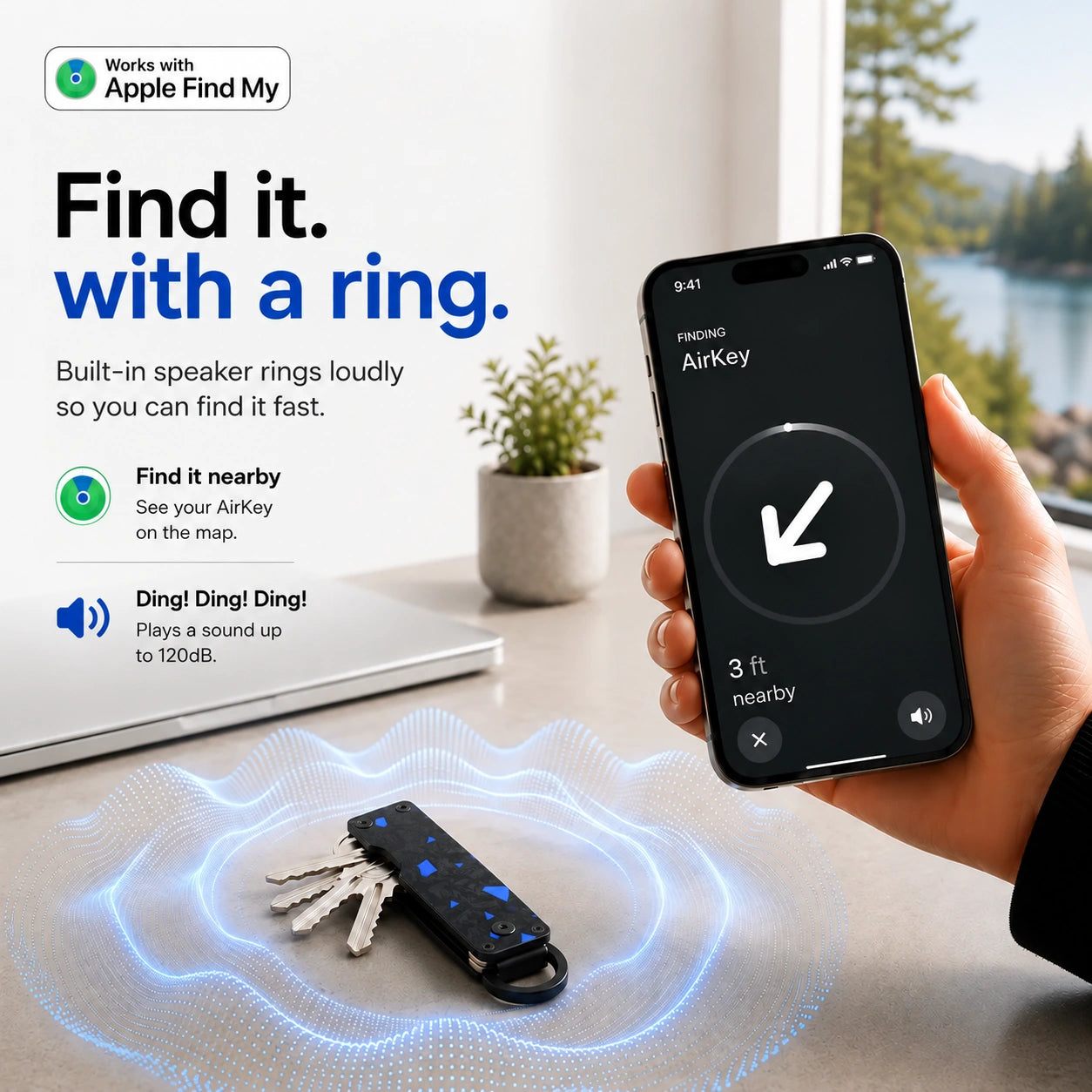 Carbon Blue compact tracking key organizer with a ringing location illustration #color_Carbon Blue