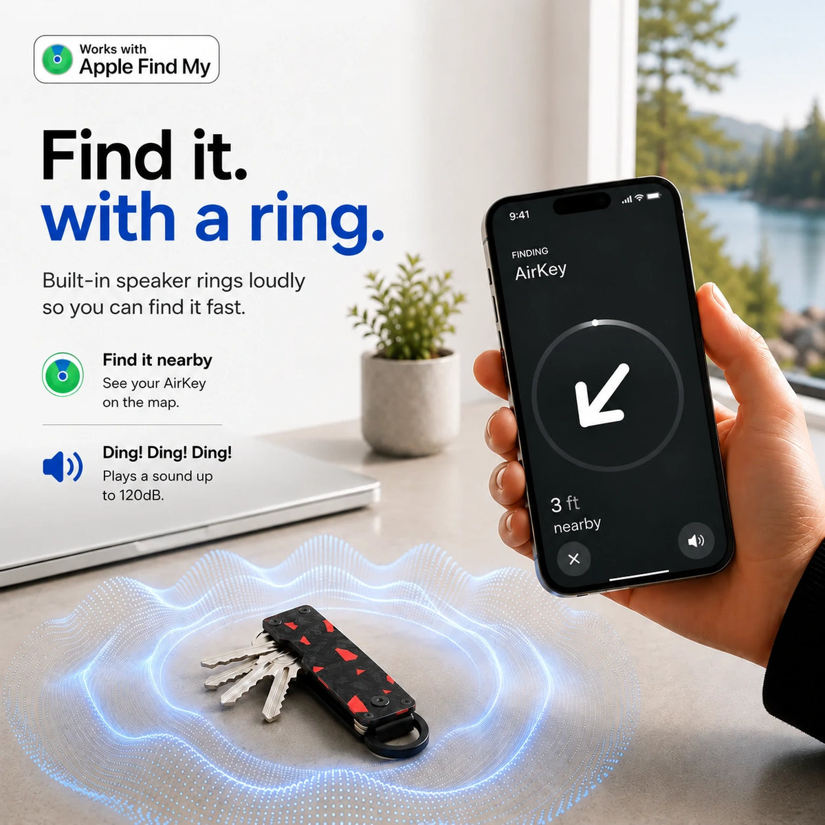 Carbon Red compact tracking key organizer with a ringing location illustration #color_Carbon Red