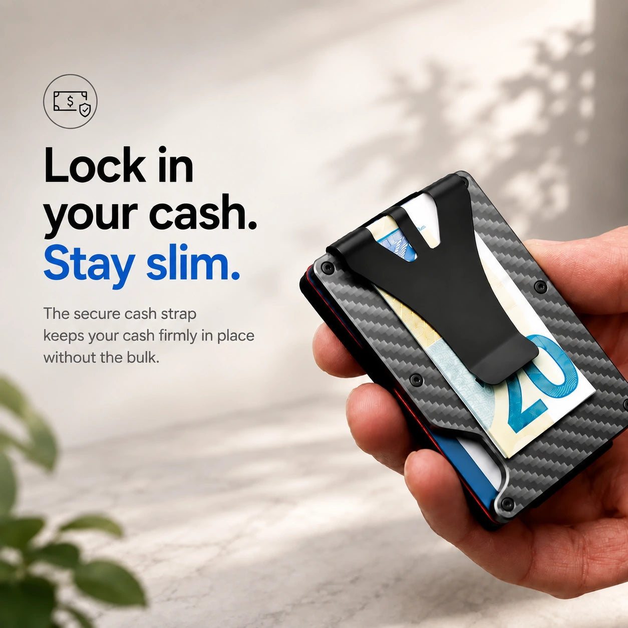 Carbon Weave slim tracking card wallet holding cash under the clip #color_Carbon Weave
