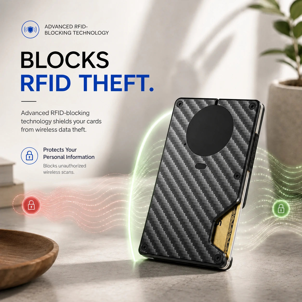 Carbon Weave slim tracking card wallet with a signal blocking illustration #color_Carbon Weave