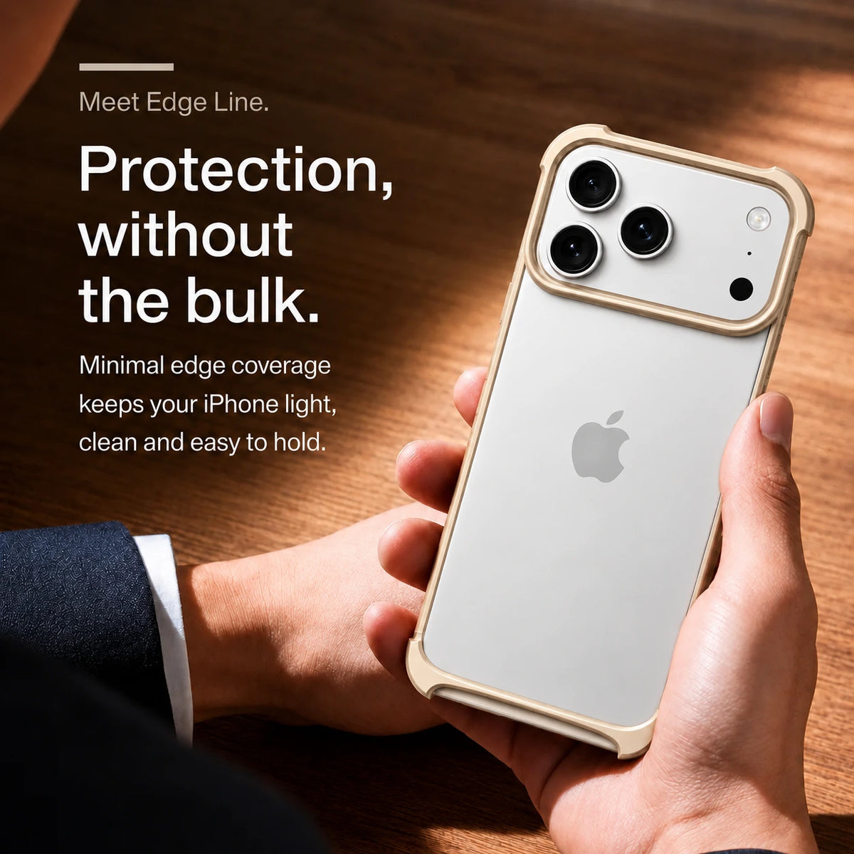 Gold metal phone bumper in a close-up of the sculpted camera surround #color_Champagne Gold