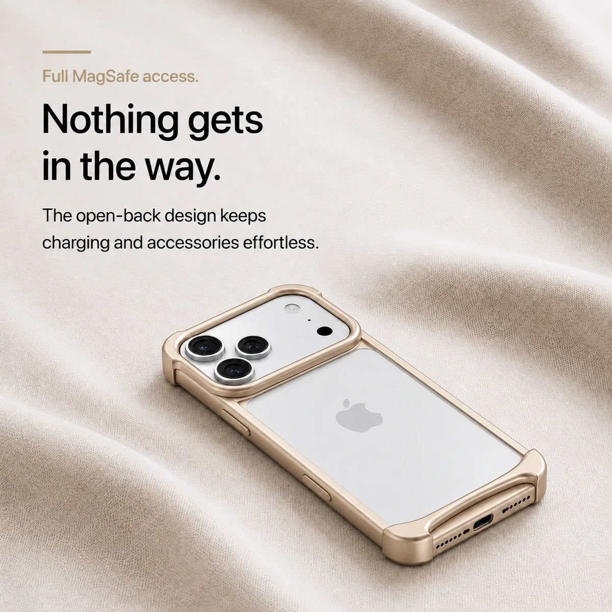 Gold metal phone bumper held above a pale stone desk, showing the exposed phone back #color_Champagne Gold