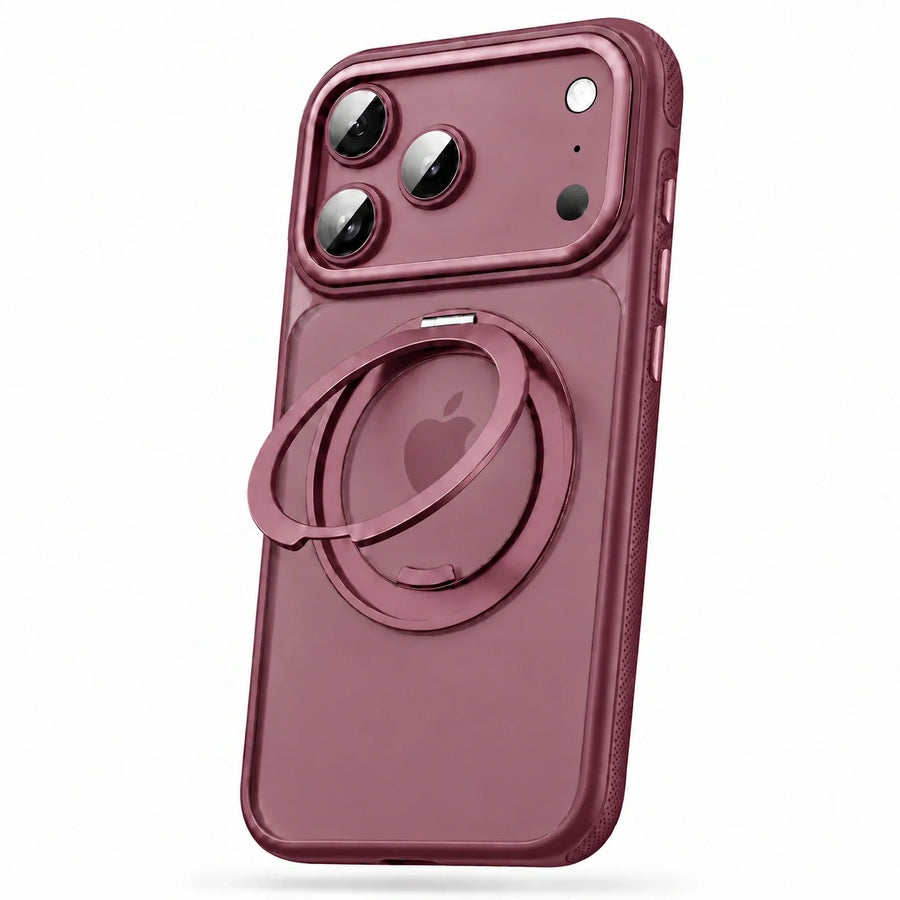 Burgundy clear phone case with the ring stand open, viewed from the rear