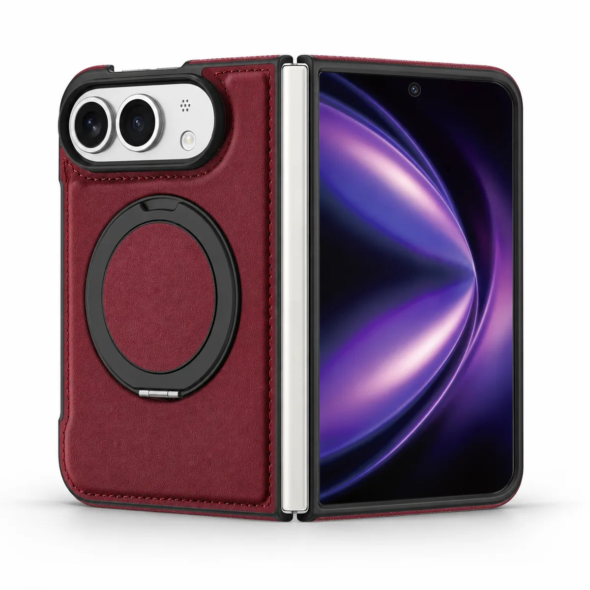 Burgundy PU leather folding phone case shown open, with the camera back and folded ring stand on the left and the screen on the right. #color_Burgundy